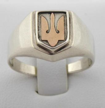 Silver mens ring with golden Ukrainian state embl