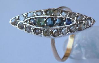 Gold and silver ring with colored stones and diamo